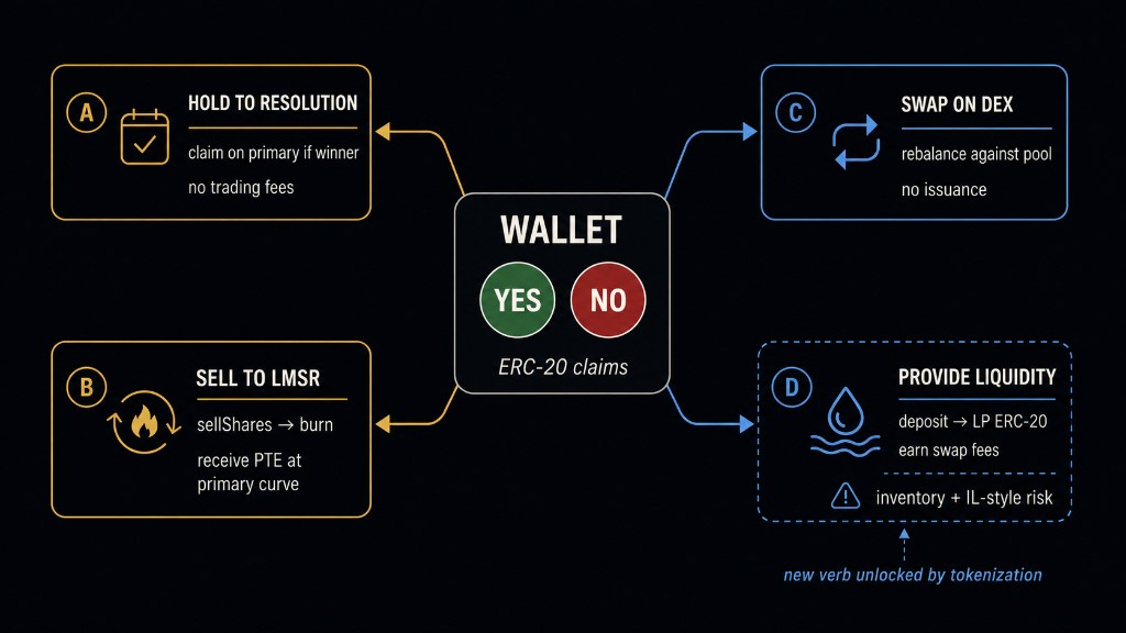 Wallet holding Yes and No ERC-20 claims with four paths: A hold to resolution, B sell to LMSR via sellShares burn, C swap on DEX, D provide liquidity for fees with inventory and IL-style risk — the new verb unlocked by tokenization.