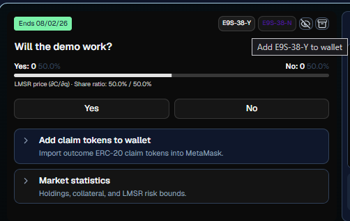 Market card for “Will the demo work?” showing Yes and No at 50%, token chips E9S-38-Y and E9S-38-N with an Add to wallet tooltip, and an Add claim tokens to wallet section to import outcome ERC-20s into MetaMask.