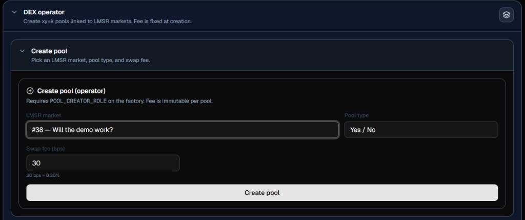 DEX operator Create pool form: LMSR market #38 Will the demo work?, pool type Yes / No, swap fee 30 bps, Create pool button. Requires POOL_CREATOR_ROLE; fee immutable per pool.