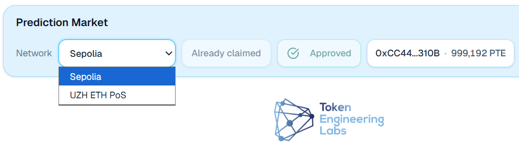 Prediction Market header with network dropdown open: Sepolia selected, UZH ETH PoS available, wallet connected with PTE balance.
