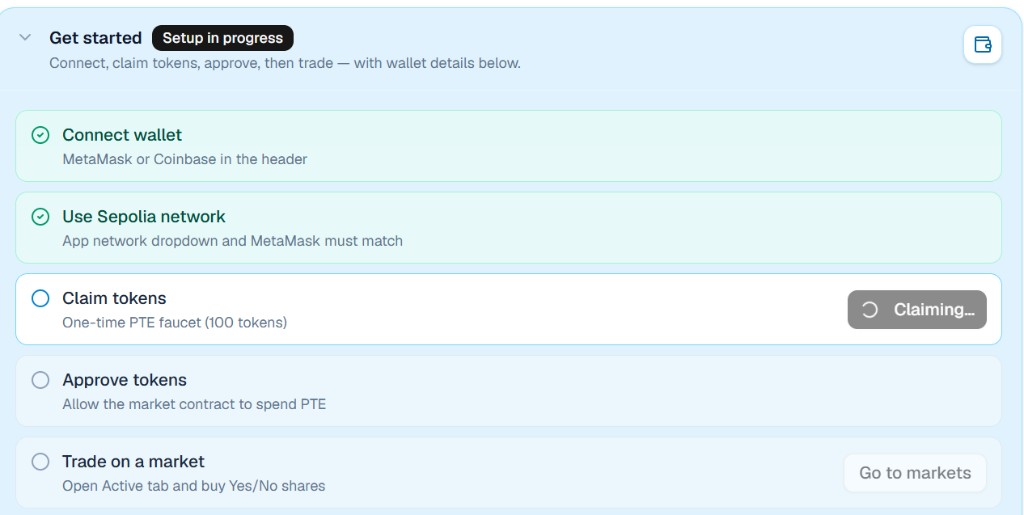 Get started onboarding checklist: connect wallet, use Sepolia network, claim tokens, approve tokens, then trade on a market.