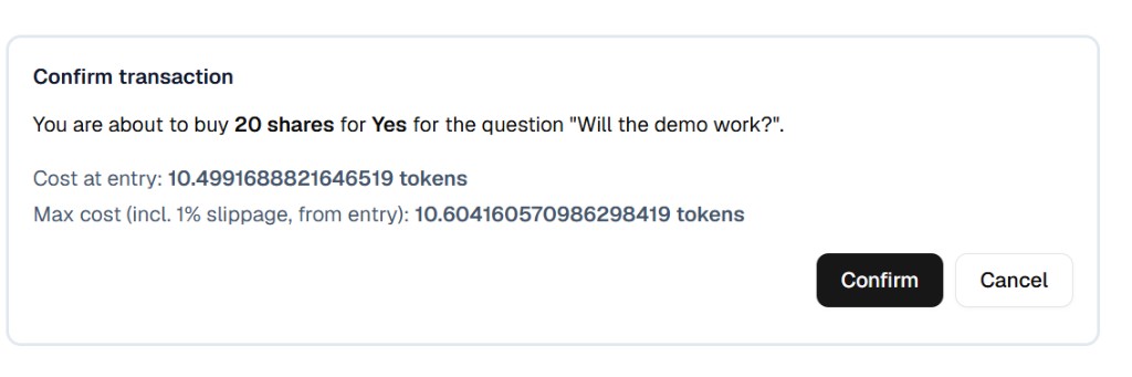 Confirm transaction dialog showing cost at entry and max cost including 1% slippage.