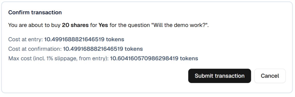 Confirm transaction with cost at entry, cost at confirmation, max cost with slippage, and Submit transaction.