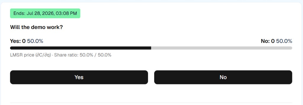 Active market card asking Will the demo work? with Yes/No buttons at 50/50 LMSR prices.