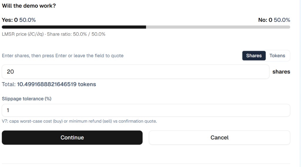 Trade quote UI: 20 shares selected, total ~10.50 tokens, 1% slippage tolerance.